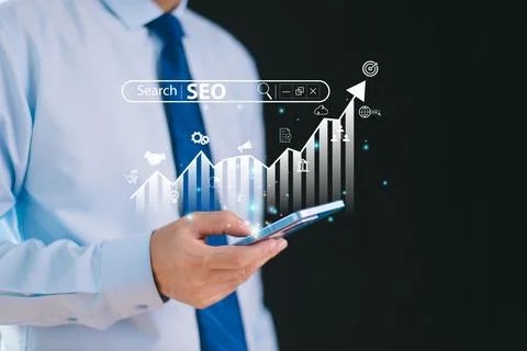 SEO Search Engine Optimization concept. Businessman touch AI, SEO icon on web Foto stock