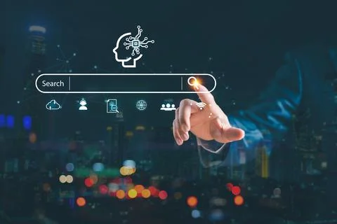 SEO Search Engine Optimization concept. Businessman touch AI, SEO icon on web Stock Photos