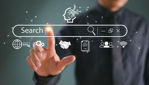 SEO Search Engine Optimization concept. Businessman touch AI, SEO icon on web Foto stock