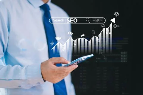 SEO Search Engine Optimization concept. Businessman touch AI, SEO icon on web Stock Photos