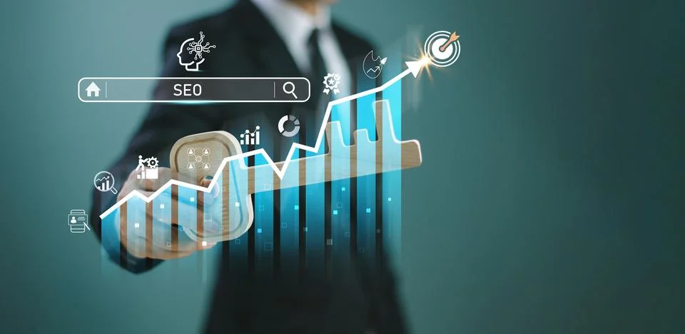 SEO Search Engine Optimization concept. Businessman use key success with AI c Stock Photos