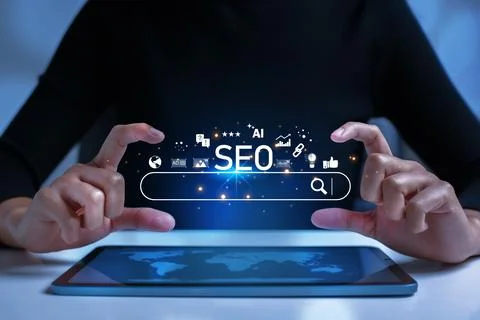 SEO Search Engine Optimization concept. The search bar shows SEO tools icon.. Stock Photos