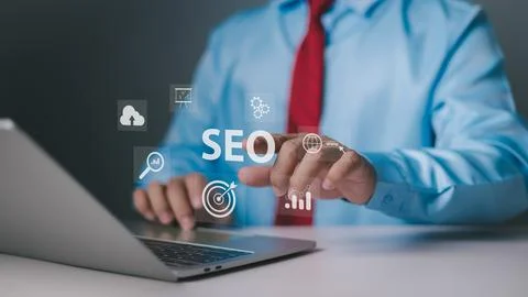 SEO search engine optimization concept. Businessman using a computer for an.. Stock Photos