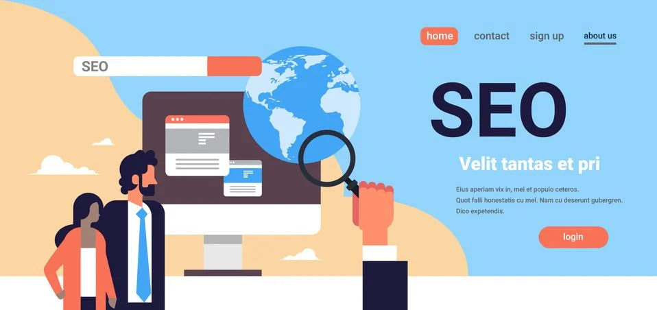 Seo search engine optimization couple monitoring using magnifier global internet Illustrazione stock