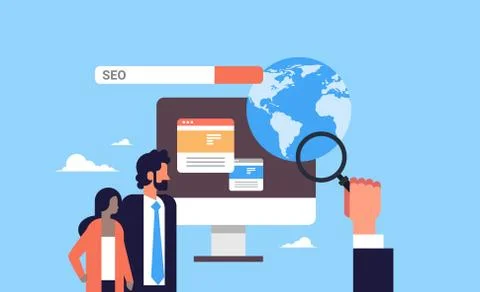 Seo search engine optimization couple monitoring using magnifier global internet Stock Illustration