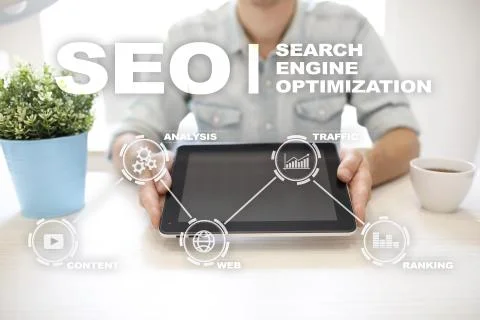 SEO. Search Engine optimization. Digital online marketing andInetrmet technology 库存照片
