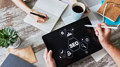 SEO - Search engine optimization. DIgital marketing concept on screen Stock Photos