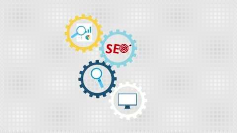 SEO Search Engine Optimization Gears Spinning with Analytics Icons Green Sc.. Stock Footage 324064565