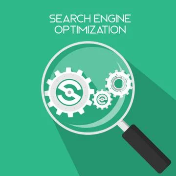 SEO Search Engine Optimization gears on magnifiying magnifier glass icon Stock Illustration