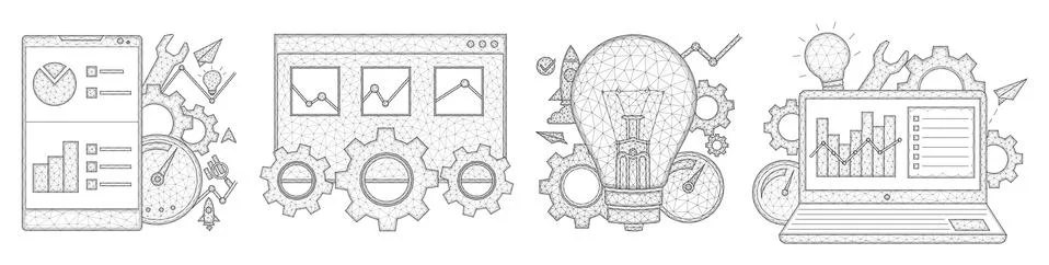SEO, search engine optimization low poly design. Smartphone, laptop, browser 스톡 일러스트