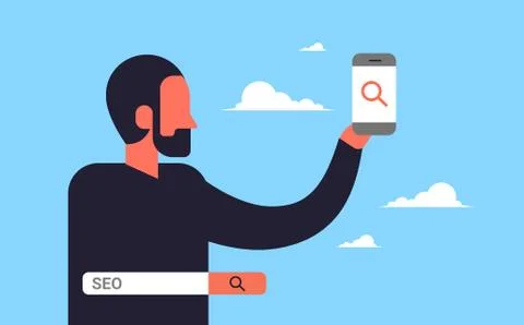 Seo search engine optimization man using smartphone internet searching concept Stockillustratie