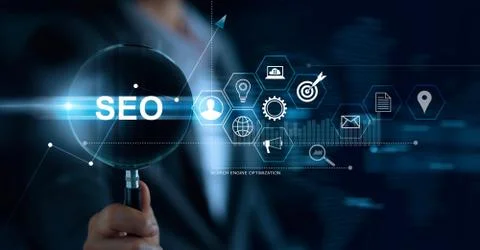 SEO Search Engine Optimization Marketing concept. Businessman with magnifying 스톡 사진