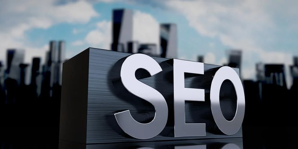 SEO, search engine optimization - metal cuboid and skyscrapers - 3D illustr.. Illustrazione stock