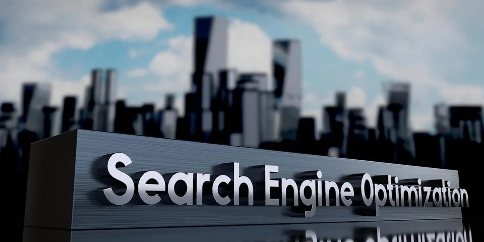 SEO, Search Engine Optimization - metal cuboid and skyscrapers - 3D illustr.. Stock Illustration