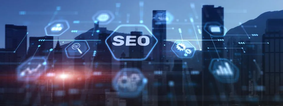 SEO. Search Engine optimization. Picture for presentation. City background Stock Photos