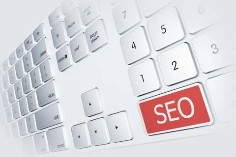 Seo search engine optimization red button on the gray computer keyboard. seo Stock Illustration