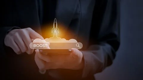 SEO Search Engine Optimization, Rocket is launching and soar flying out from  Stock Photos