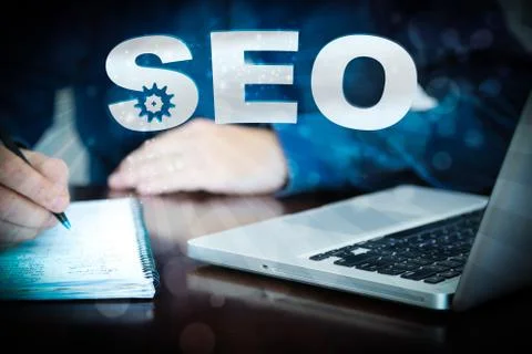 Seo, Search Engine Optimization SEO Laptop Blue Stock Photos
