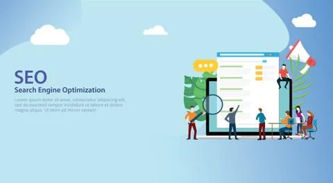 Seo search engine optimization team working together on website design landin Stock Illustration