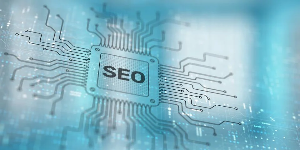 SEO Search Engine Optimization Techniques Illustrated on a Processor, Busines 스톡 일러스트