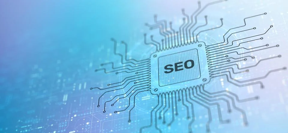 SEO Search Engine Optimization Techniques Illustrated on a Processor, Busines Illustrazione stock