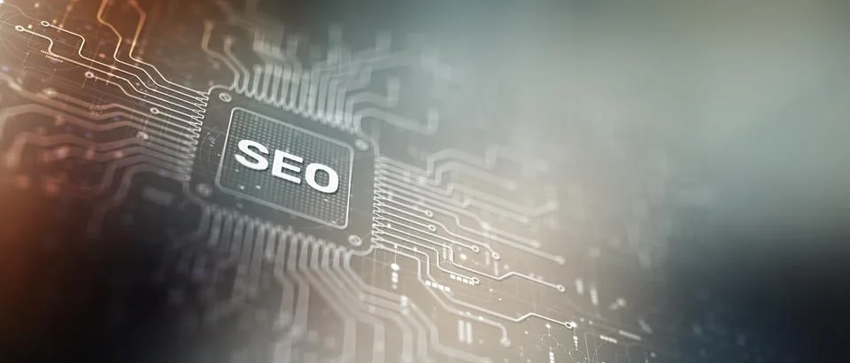 SEO Search Engine Optimization Techniques Illustrated on a Processor, Busines Foto stock