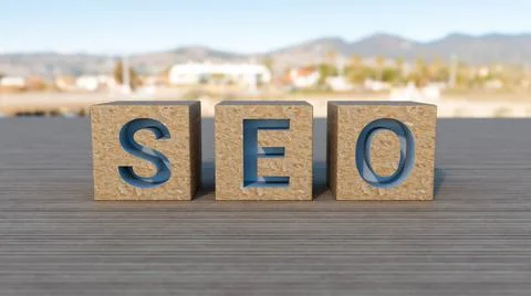 SEO Search Engine Optimization text wooden cube blocks on table background. 3d Stock Illustration