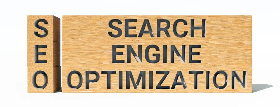 SEO Search Engine Optimization text wooden cube blocks on table background. 3d Stock Illustration