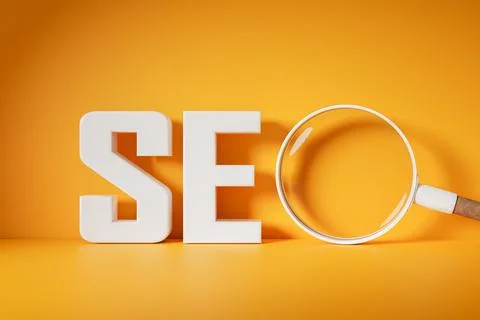 SEO, Search Engine Optimization text and magnifying glass on bright yellow... Illustrazione stock