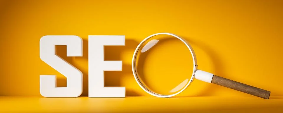 SEO, Search Engine Optimization text and magnifying glass on bright yellow .. Stock Illustration