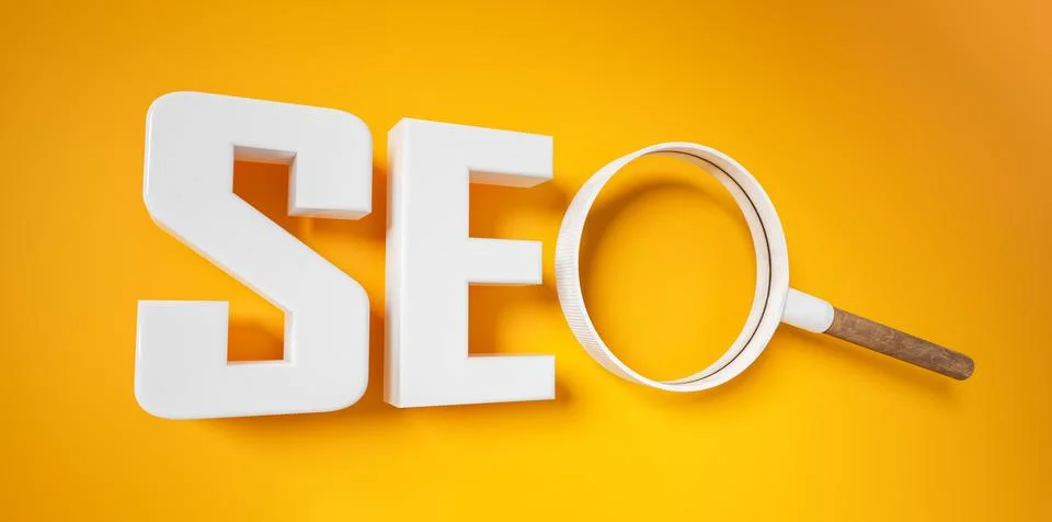 SEO, Search Engine Optimization text and magnifying glass on bright yellow. K Stock Photos