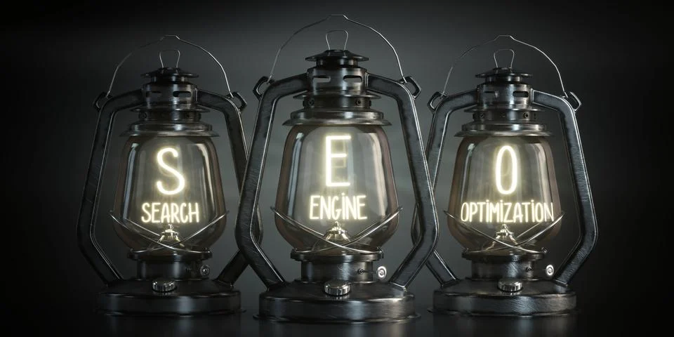 SEO, Search Engine Optimization - Vintage Kerosene Lanterns - 3d illustration Stock Illustration