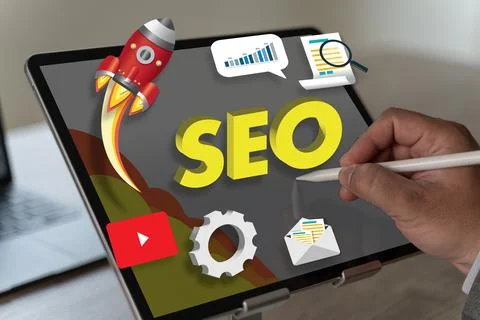 Seo Search Engine Optimization For Web Content Digital marketing media man .. Stock Photos
