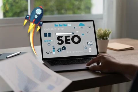 Seo Search Engine Optimization For Web Content Digital marketing media man .. Stock Photos