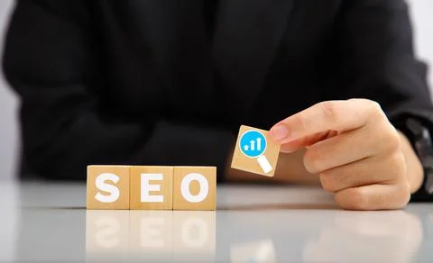 SEO Search Engine Optimization, Woman with text SEO, concept for promoting ra Stock Photos