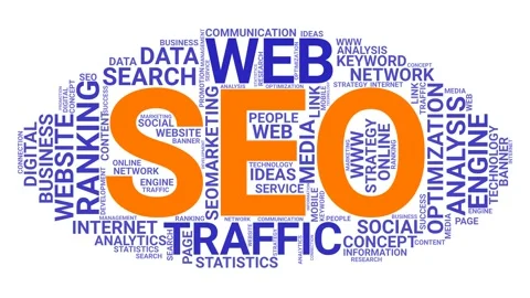 SEO Search Engine Optimization word cloud blue and orange text 4K seamless loop Stock Footage 159789921