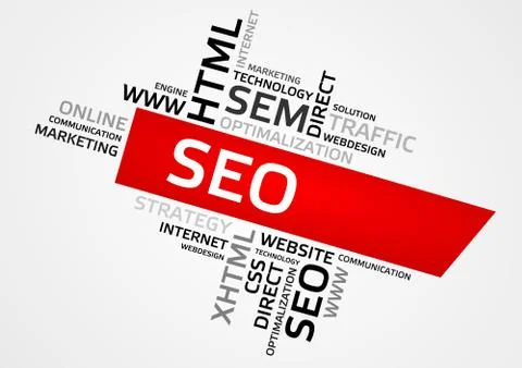 SEO, Search Engine Optimization word cloud, tag cloud, vector graphics - busi Stockillustratie