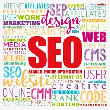 SEO (Search Engine Optimization) word cloud collage, technology concept backg Ilustración de archivo