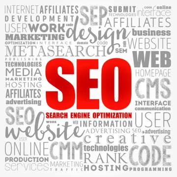 SEO (Search Engine Optimization) word cloud collage, technology concept backg Stock Illustration