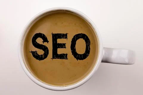 SEO Search Engine Optimization Writing text in coffee in cup. Business concep Foto stock