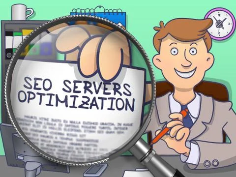 SEO Servers Optimization through Lens. Doodle Design Stock Illustration