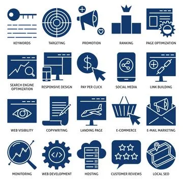 SEO services icon set in flat style Stock Illustration