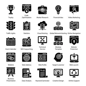 Seo Solid Icons Set Stock Illustration