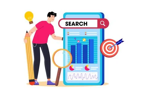 An SEO specialist analyzes website analytics to improve search engine ranking 스톡 일러스트