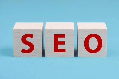 SEO is standing on cubes, website optimization, ranking strategy, search e... Stock Photos