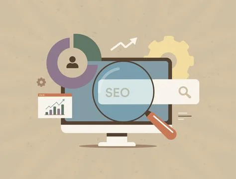 SEO strategy with analytics dashboard, keyword ranking chart and website Stock Illustration