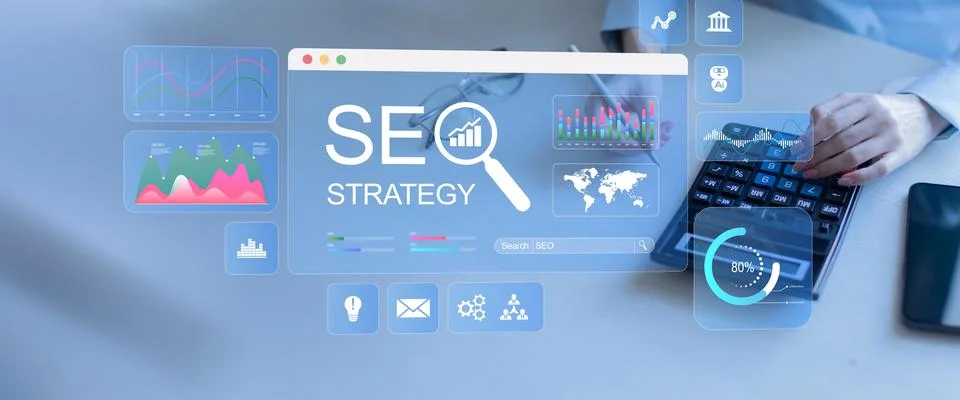 SEO Strategy Development and Digital Marketing Analytics Technology Concept. Stock Photos