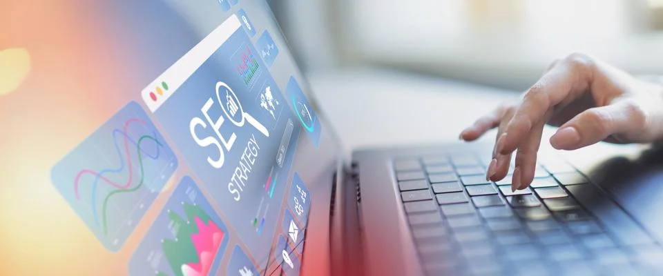 SEO Strategy Development and Digital Marketing Analytics Technology Concept. Stock Photos