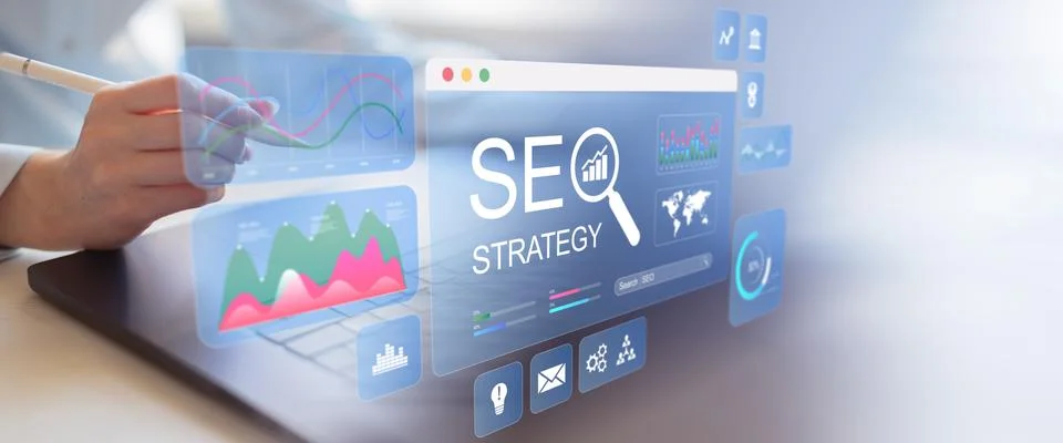 SEO Strategy Development and Digital Marketing Analytics Technology Concept. Stock Photos