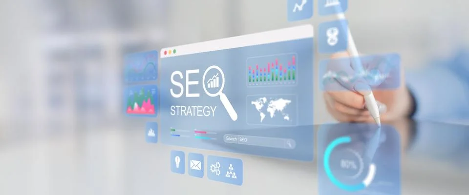 SEO Strategy Development and Digital Marketing Analytics Technology Concept. Stock Photos